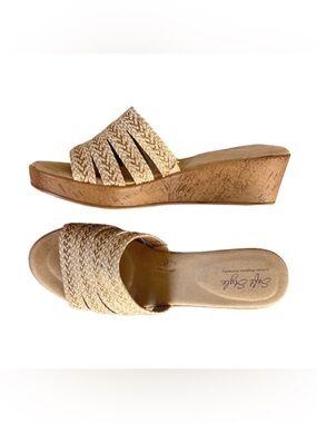 Soft Style Natural Woven Straw Platform Cork Wedge Slides 7.5